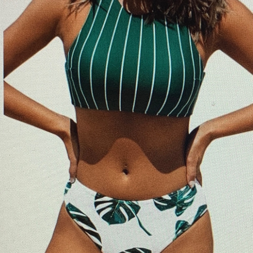 Leaves Print Criss Cross High Neck Two Piece Bikini Swimsuit Set